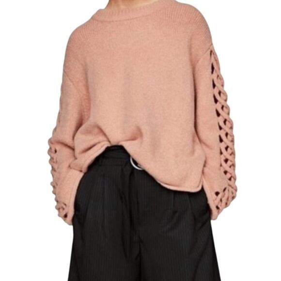 Zara Knit Braided Sleeve Blush Chunky Sweater Size Small - Picture 1 of 10